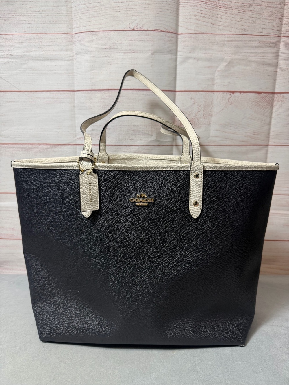 COACH F36609 Reversible Tote Bag Black Pink Leather Shoulder Pouch